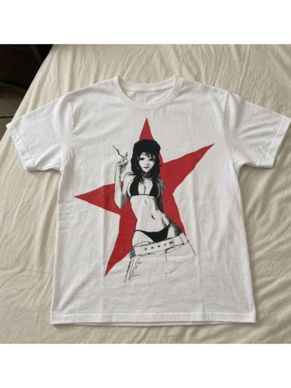 Anime Girl Smoking Red Star Graphic White unisex